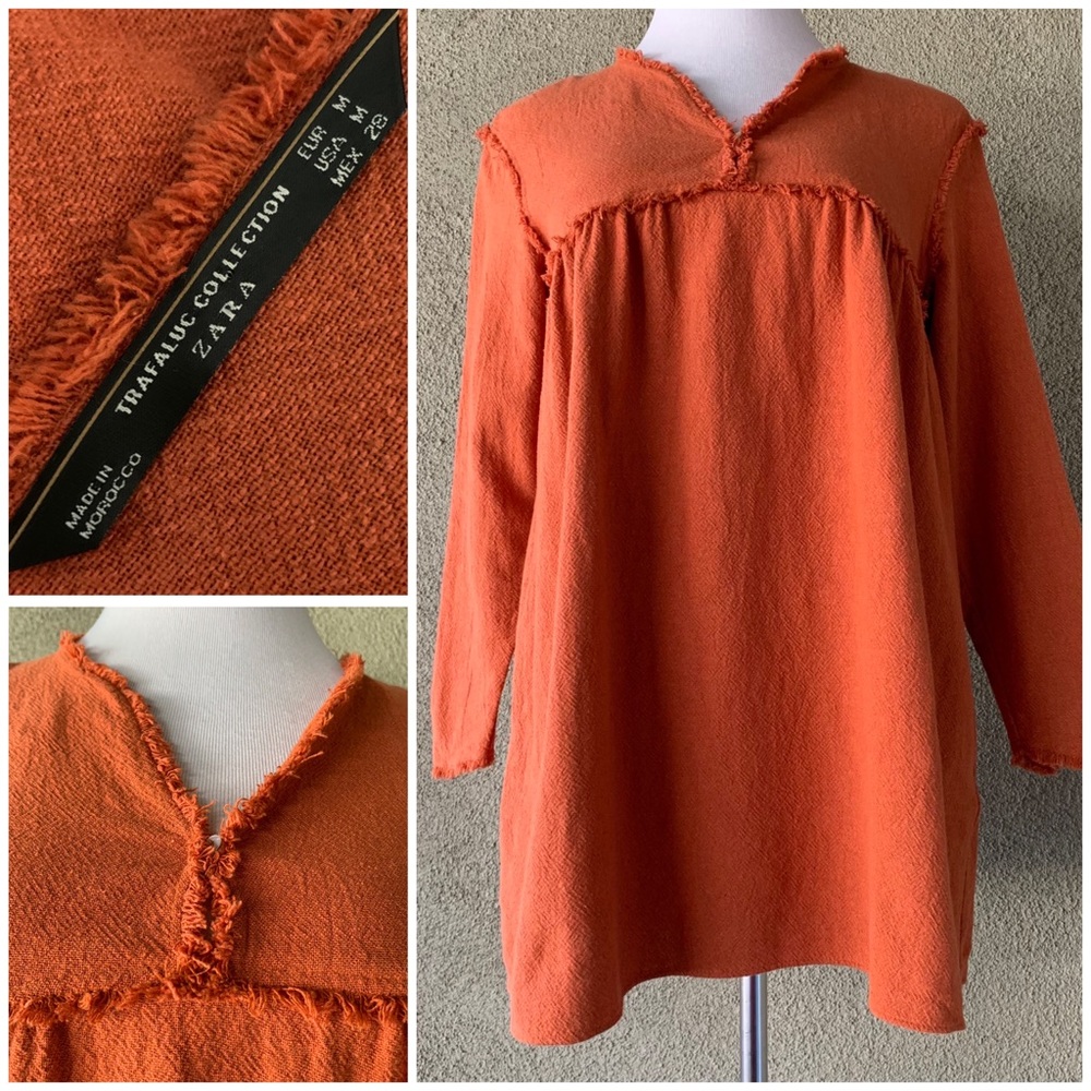 🔥5/$20🔥 “Zara” Rust Long-Sleeve Tunic Raw-Edge Seams size M